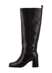 Dark brown leather women's boots with a block heel BUTYD-1335-1I(Z26), side view of the product on a white background.