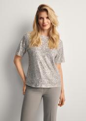 Silver sequin women's blouse BLUDT-0199-92(Z25), front view of the product on the model, half of the silhouette visible.