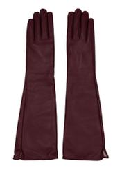 Long leather burgundy women's gloves REKDS-0088-4D(Z26), front product view on white background.