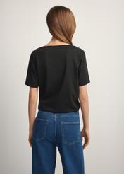 Black basic women's T-shirt TSHDT-0120-99(W25), product view from the back on the model, half of the silhouette visible.