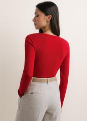 Red women's long-sleeved blouse LSLDT-0057-4B(Z26), rear view on a model. Half-body shot.