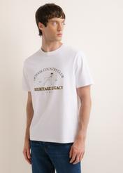 White cotton men's T-shirt TSHMT-0161-0A(Z26), front view of the product on the model. Half of the silhouette visible.