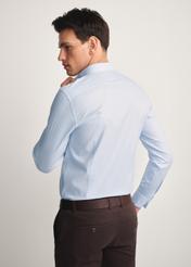 Blue men's striped shirt KOSMT-0353-62(Z25), product view from the back on the model. Half of the silhouette visible.