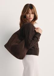 Women's brown suede shopper bag TORES-1177-89(Z25) - front view of the product on a model against a white background. Half of the silhouette visible from the side.