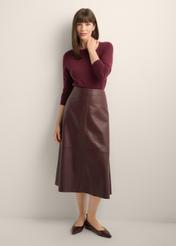 Burgundy leather midi skirt SPCDS-0077-4D(Z26), front product view on model. Full body visible.