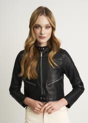 Women's black leather jacket with zippers KURDS-0360-5427(W23)-01