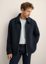 Navy blue men's wool coat PLAMT-0010-7D(Z26). Front view of the product on a model. Half of the silhouette is visible. 