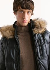 Men's black insulated leather jacket (KURMS-0348-99(Z26)), close-up of the product worn by a model, against a light background.