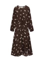 Brown floral midi dress SUKDT-0291-1P(Z26), front product view on white background.