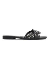 Women's black leather mules with rhinestones BUTYD-1226-99(W26), side view of the product on a white background.