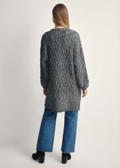 Long women's cardigan in graphite color KARDT-0055-95(Z25), the product is visible from the back on the model, the entire silhouette is visible.