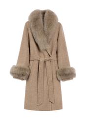 Women's long woolen fur coat in camel color FUTDF-0112-3181(Z25), product view from the front on a white background.