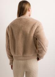 Beige short women's wool fur coat FUTDW-0045-1B(Z26), product view from the back on the model. Half of the silhouette visible.