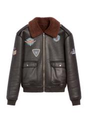 Brown men's sheepskin coat in aviator style KOZMP-0007-90(Z25) - front view of the product on a white background.