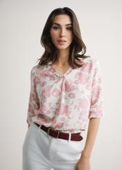 Women's pink floral blouse BLUDT-0172A-5P(W26), front view of the product on the model. Half of the silhouette visible.