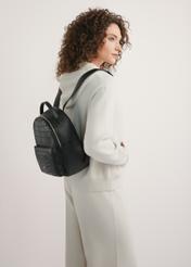 Black medium women's croco backpack TOREC-0920-9G(W26), product view on model's back. Half of silhouette visible.