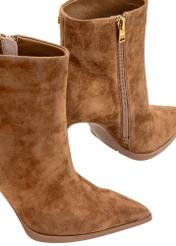 Cognac suede high-heel ankle boots BUTYD-1207-1F(Z26), close-up of the product on a white background.