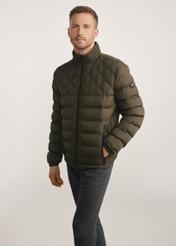 Olive quilted men's jacket KURMT-0401-57(Z25) - front product view on a model on a white background. Visible silhouette to the knee.