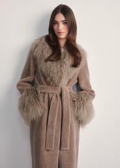 Beige wool coat with fur FUTDW-0014A-91(Z25) - front product view on white background. Half silhouette visible.