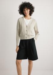 Women's openwork cardigan in light beige color KARDT-0063-1A(W26), front product view, on a white background.