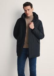 Black men's winter jacket KURMT-0391-99(Z25) - front product view on white background. Knee-length silhouette visible.