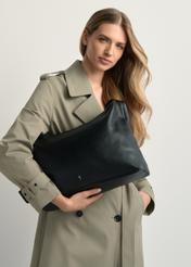 Large black leather handbag TORES-1239-99(W26), product view in model's hand. Half of silhouette visible.