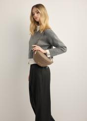 Cool brown leather fanny pack TORES-0894-1K(Z26), front view of the product on the model. Half of the silhouette visible.