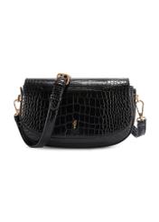 Small black women's croco messenger bag TOREC-1185-9G(W26), front product view on white background.