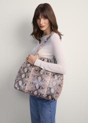 Women's leather shopper bag TORES-1164-86(Z25), product view on model's shoulder. Half of silhouette visible.