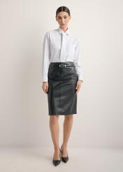 Women's striped shirt with tie KOSDT-0191-0A(Z26), product view from the back on the model, the whole silhouette is visible.