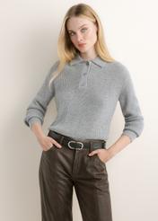 Grey women's wool-blend sweater SWEDT-0286-9B(Z26), front view on a model. Half-body shot.