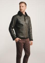 Brown men's leather jacket with sheepskin KURMS-0386-0704(Z25), diagonal view of the product on the model, half of the silhouette visible.