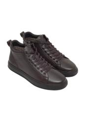 Dark brown men's leather sneakers BUTYM-0466-1I(Z26), diagonal product view on white background.