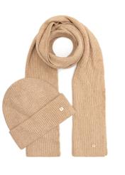 Beige women's winter scarf SZADT-0202-81(Z25), product view with a matching hat from the front on a white background.