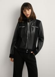 Women's black leather jacket KURDS-0587-99(W26), front view of the product on the model. Half of the silhouette visible.