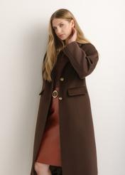 Women's long dark brown wool coat PLADT-0085-1I(Z26), front view of the product on the model. Half of the silhouette visible.