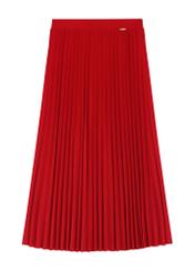 Red pleated midi skirt SPCDT-0096-4B(W26), front product view on white background.