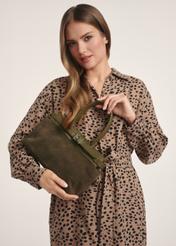 Women's khaki suede handbag TORES-1192-55(Z25), view of the product in the model's hands on a light background.