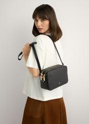 Women's black leather handbag TORES-1153-99(Z25), product view on model's shoulder. Half of silhouette visible.