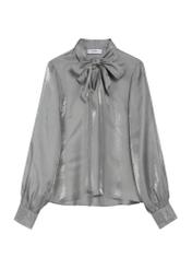 Silver women's blouse with tie BLUDT-0192-91(Z25), product view from the front on a white background.