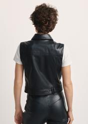 Women's leather vest KAMDS-0011-5491(Z25), product view from the back on the model. Half of the silhouette visible.