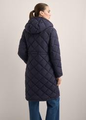 Navy blue women's quilted jacket KURDT-0667-7D(Z26), product view from the back on the model. Half of the silhouette visible.
