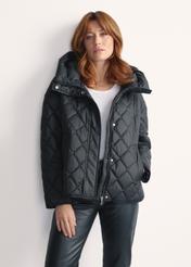 Black women's quilted jacket with hood KURDT-0588-99(Z25), front view of the product on a model, half of the silhouette visible.