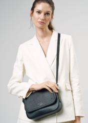 Black leather women's messenger bag TORES-0985D-99(Z25), front view of the product on the model. Half of the silhouette visible.