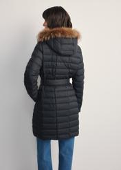 Women's black winter jacket KURDT-0617-99(Z25) - back view of the product on a model against a white background. Knee-length silhouette visible.