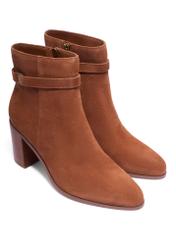 Cognac suede women's ankle boots with logo BUTYD-1214-1F(Z26), diagonal product view on white background.