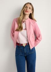 Women's pink leather jacket KURDS-0575-5B(W26), front view of the product on the model. Half of the silhouette visible.