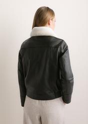 Black leather bomber jacket KURDS-0646-99(Z26), rear view on a model. Half-body shot.
