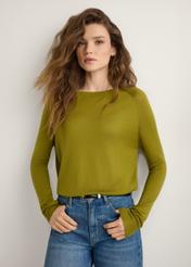 Thin olive women's sweater SWEDT-0257-8E(W26), front view of the product on the model. Half of the silhouette visible.