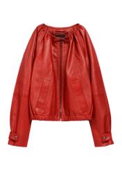 Women's red leather jacket KURDS-0588-4B(W26), front product view on white background.